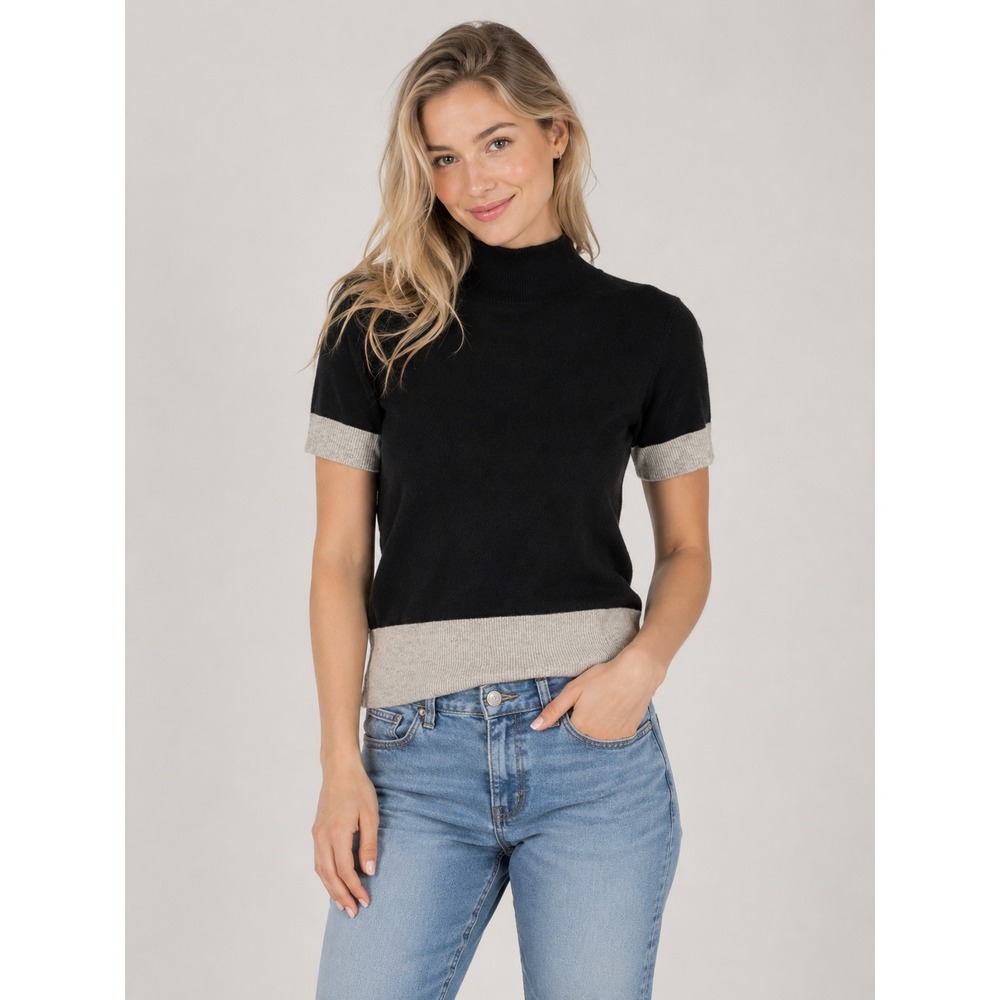 The Cashmere Project Top S Black Grey Colorblock Mock Neck Elbow Sleeve Sweater